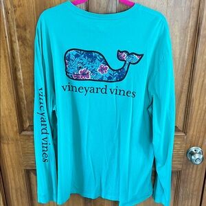 Vineyard Vines Turquoise Floral Whale Long Sleeve Shirt